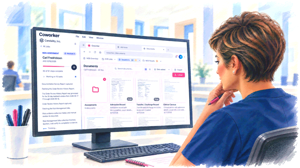 Illustration of a clinician reviewing supporting documents in Coworker
