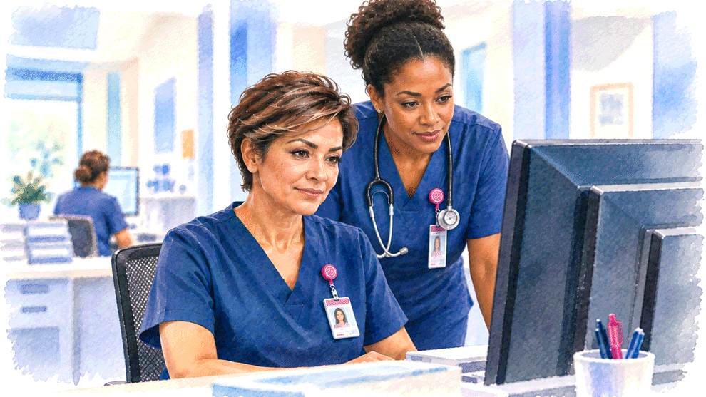 Illustration of two clinicians reviewing MDS work together