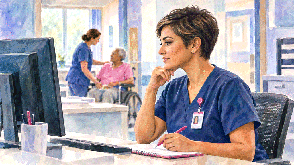 Illustration of an MDS nurse working while a colleague cares for a resident