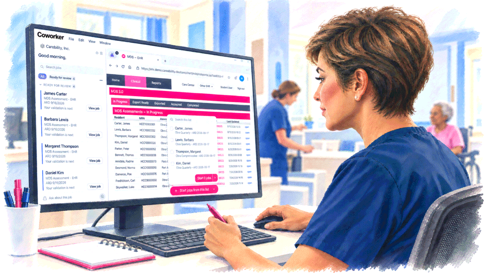 Illustration of a clinician reviewing an MDS assessment in Coworker