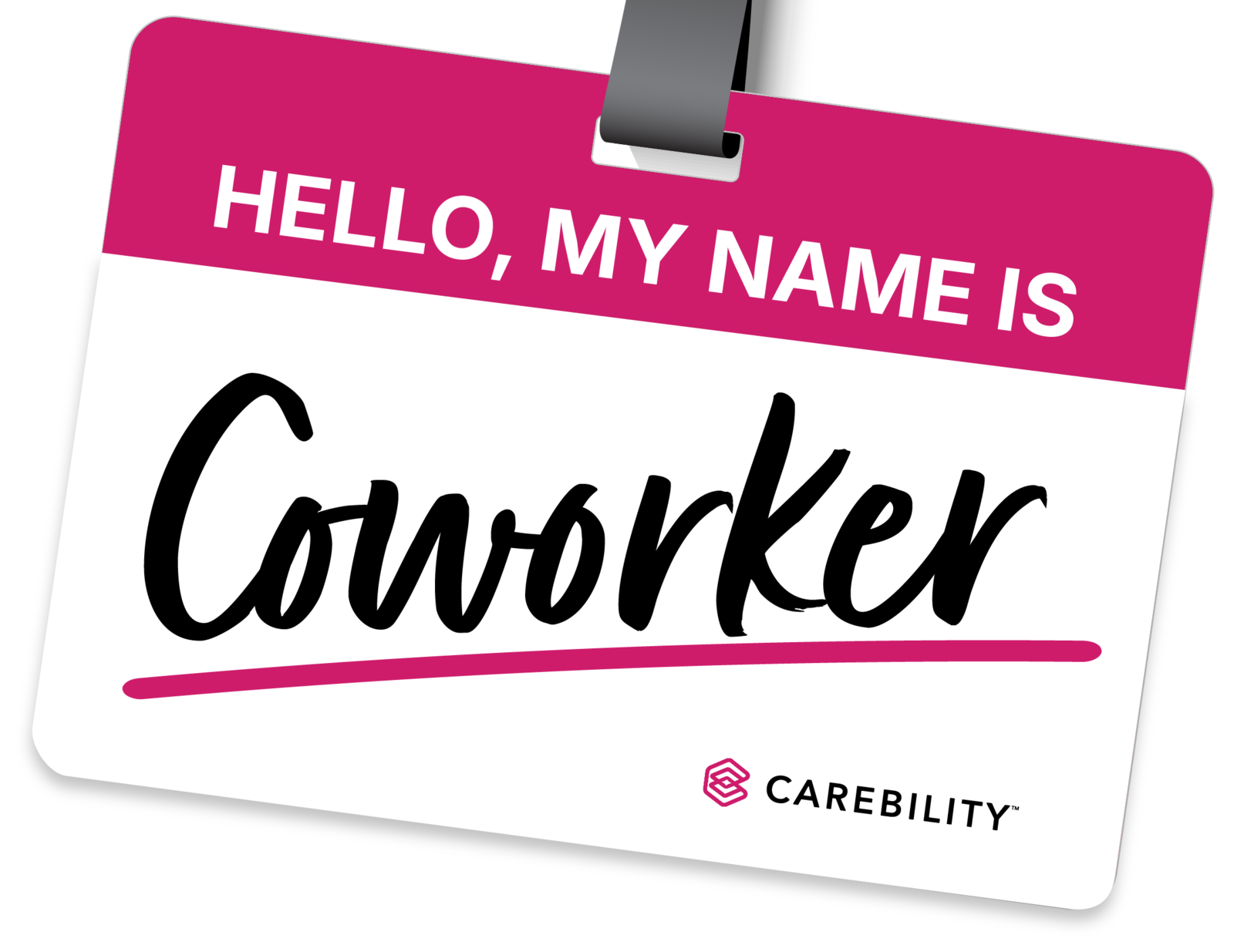 Carebility name badge reading Hello, my name is Coworker