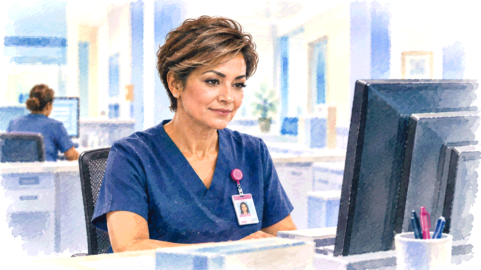 Illustration of an MDS nurse reviewing prepared work at a workstation