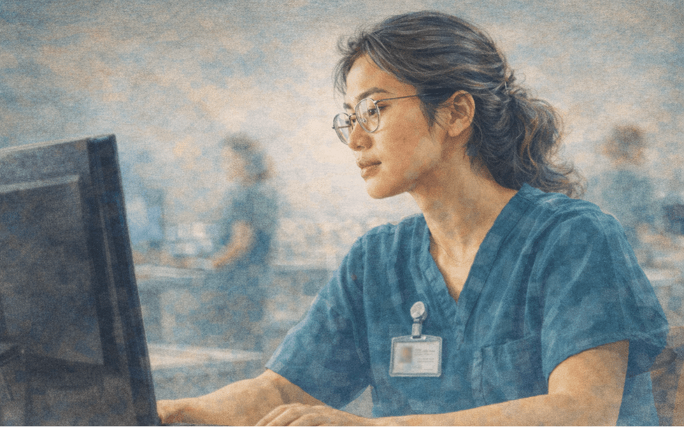 Nurse using computer for patient care