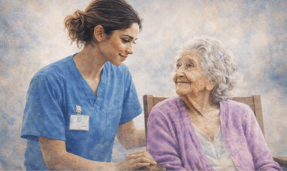 Caregiver supporting elderly patient
